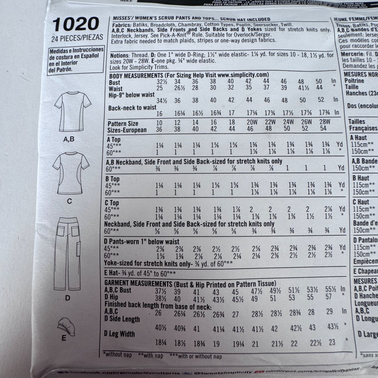 Simplicity Sewing Pattern 1020 Medical Scrubs Nurse Scrub Top Pants Easy 10-18 Uncut Hat