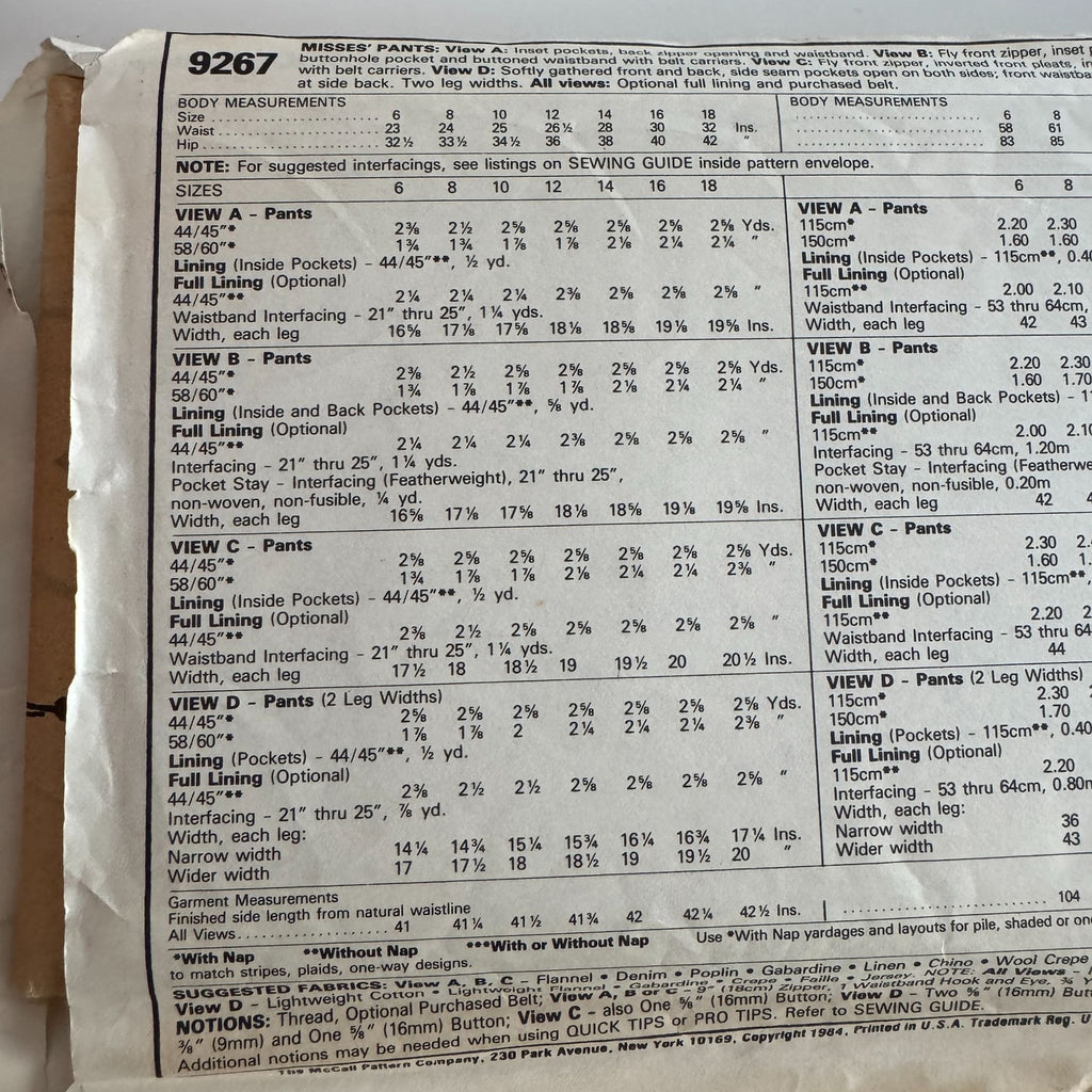 McCalls Sewing Pattern 9267 Work Pants Size 12 Waist 26.5 Palmer & Pletsch Uncut