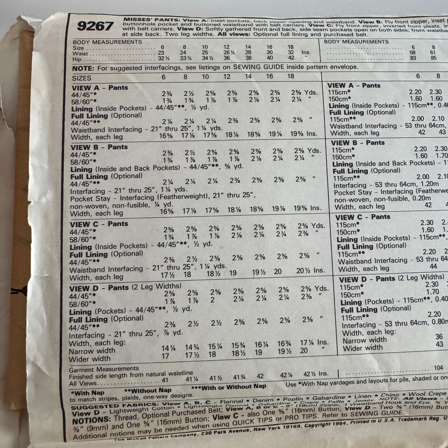 McCalls Sewing Pattern 9267 Work Pants Size 12 Waist 26.5 Palmer & Pletsch Uncut