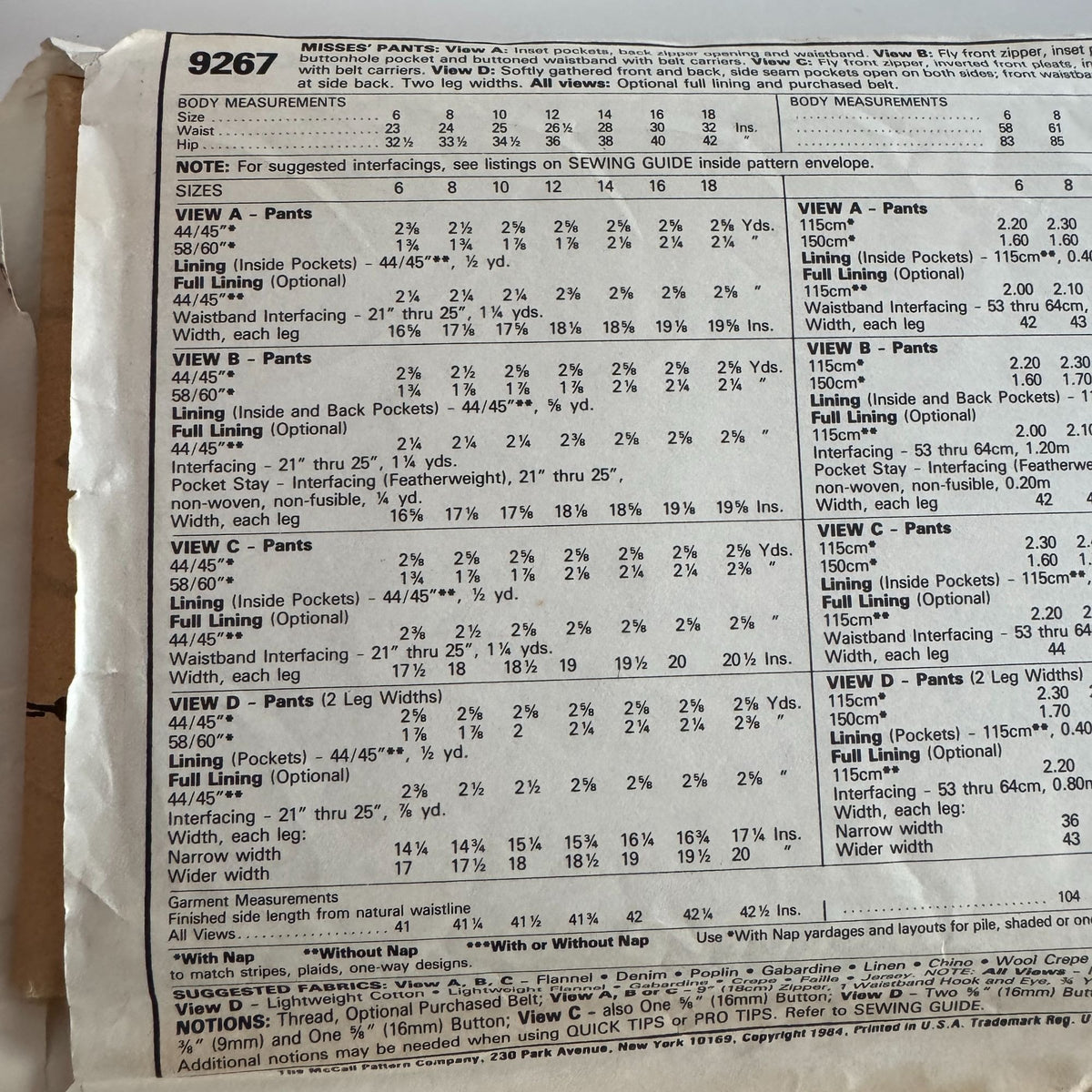 McCalls Sewing Pattern 9267 Work Pants Size 12 Waist 26.5 Palmer & Pletsch Uncut