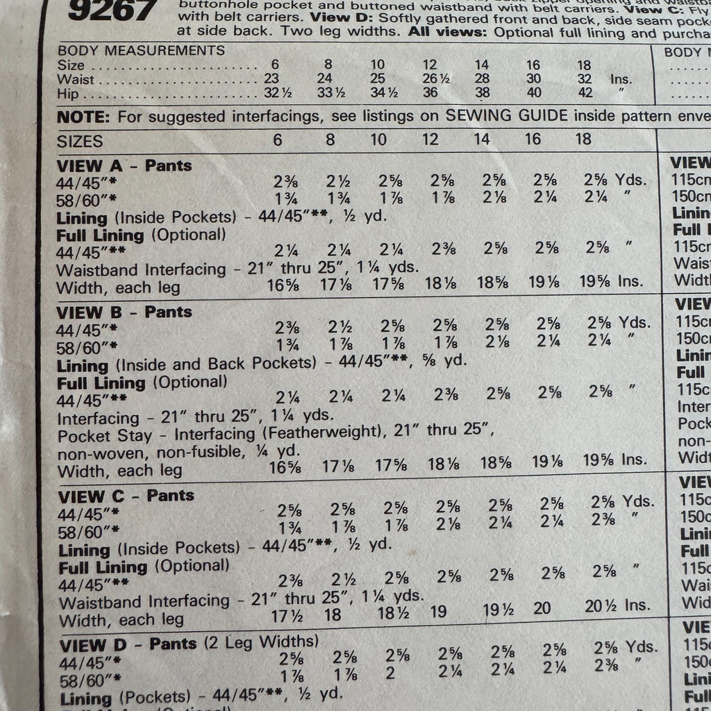 McCalls Sewing Pattern 9267 Work Pants Size 12 Waist 26.5 Palmer & Pletsch Uncut