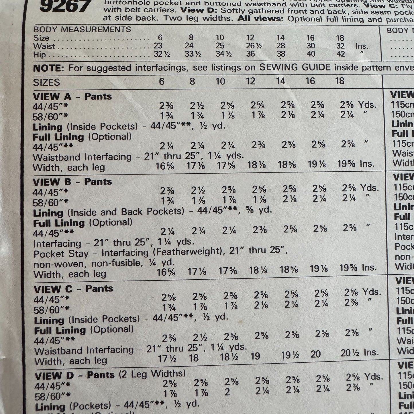 McCalls Sewing Pattern 9267 Work Pants Size 12 Waist 26.5 Palmer & Pletsch Uncut