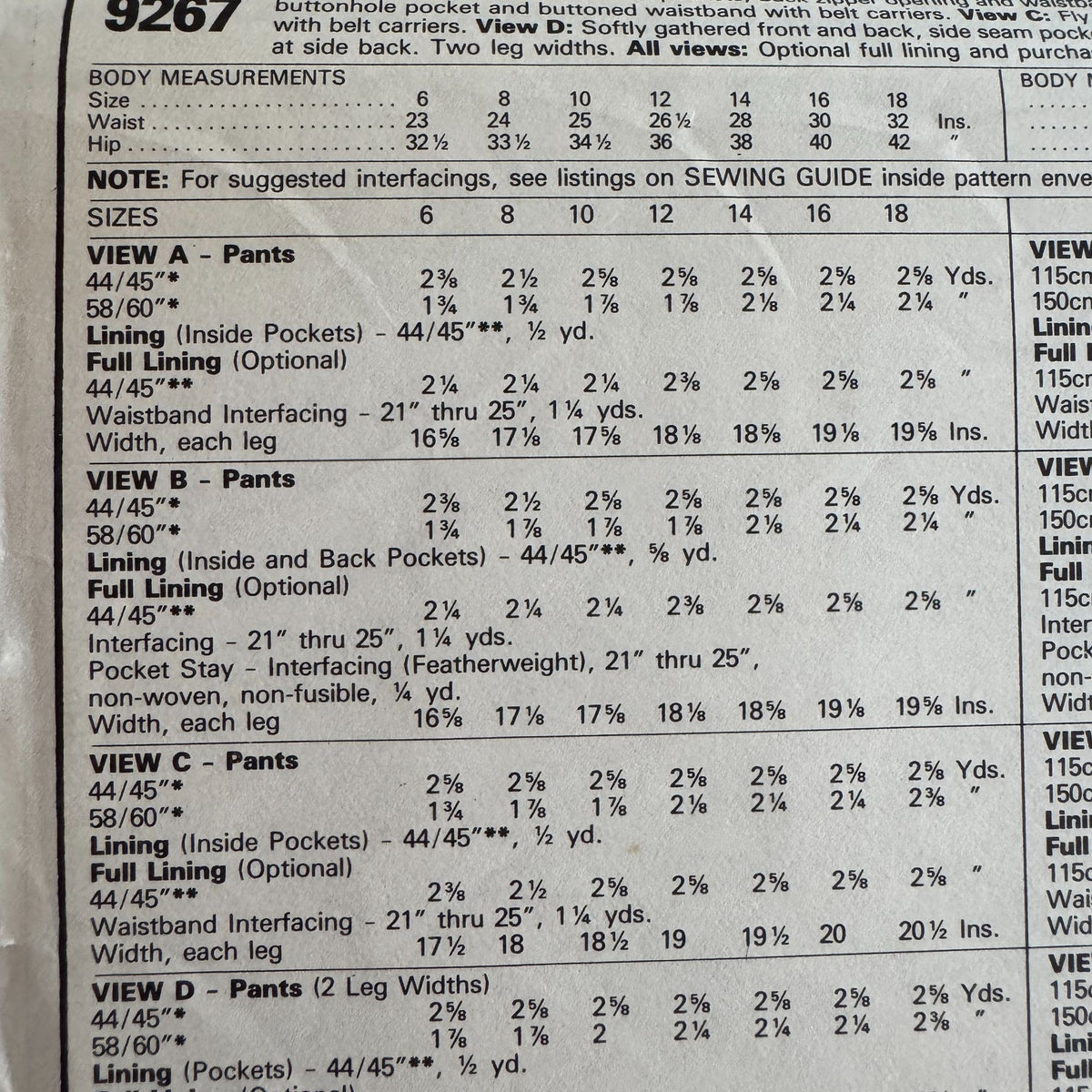 McCalls Sewing Pattern 9267 Work Pants Size 12 Waist 26.5 Palmer & Pletsch Uncut