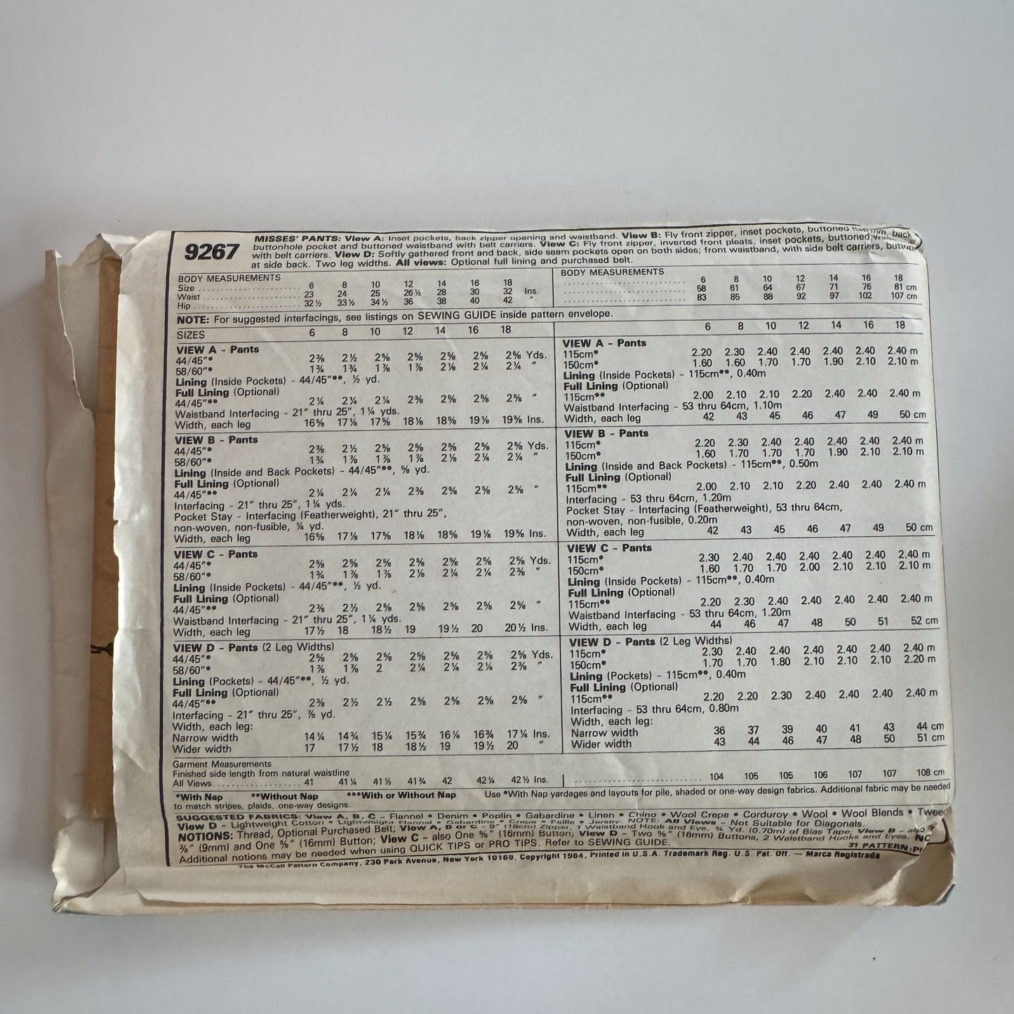 McCalls Sewing Pattern 9267 Work Pants Size 12 Waist 26.5 Palmer & Pletsch Uncut