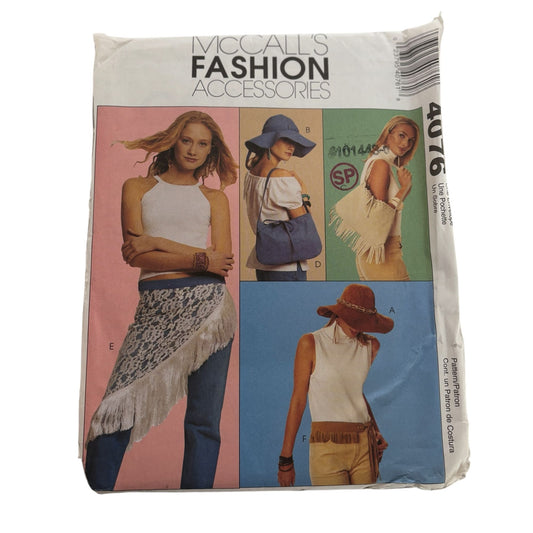 McCalls Sewing Pattern 4076 Fashion Accessories Hat Fringe Bag Hip Wrap Boho UC