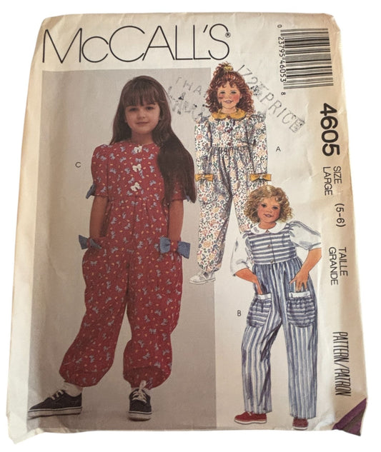 McCalls Sewing Pattern 4605 Cottagecore Kids Jumpsuit Romper 80s Girls 5 6 Vintage Uncut