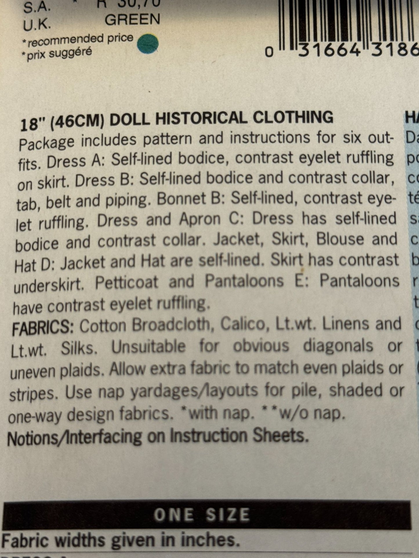 Butterick Sewing Pattern 6667 Doll Historical Clothing Dress Petticoat 18 Inch