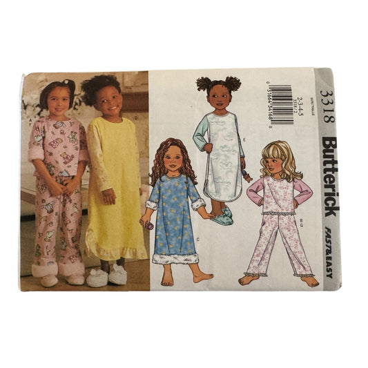 Uncut Butterick 3318 Toddler Girls Pajamas Sewing Pattern Size 2-5 Nightgown Pajama Set Kids Sleepwear