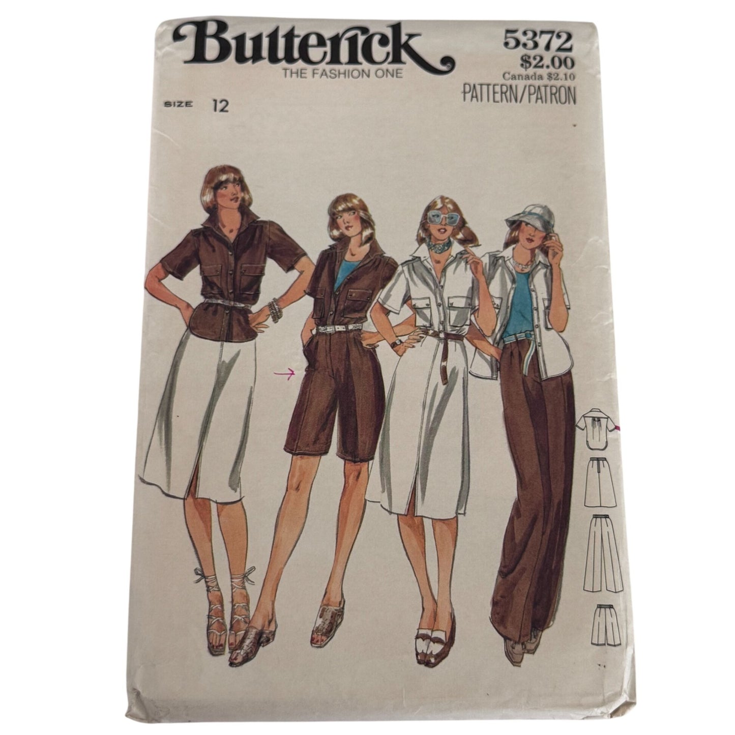 Butterick Sewing Pattern 5372 Safari Style Shirt Skirt Pants Shorts Vintage 1970s 12 Uncut