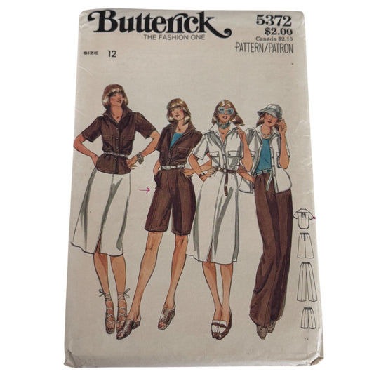 Butterick Sewing Pattern 5372 Safari Style Shirt Skirt Pants Shorts Vintage 1970s 12 Uncut