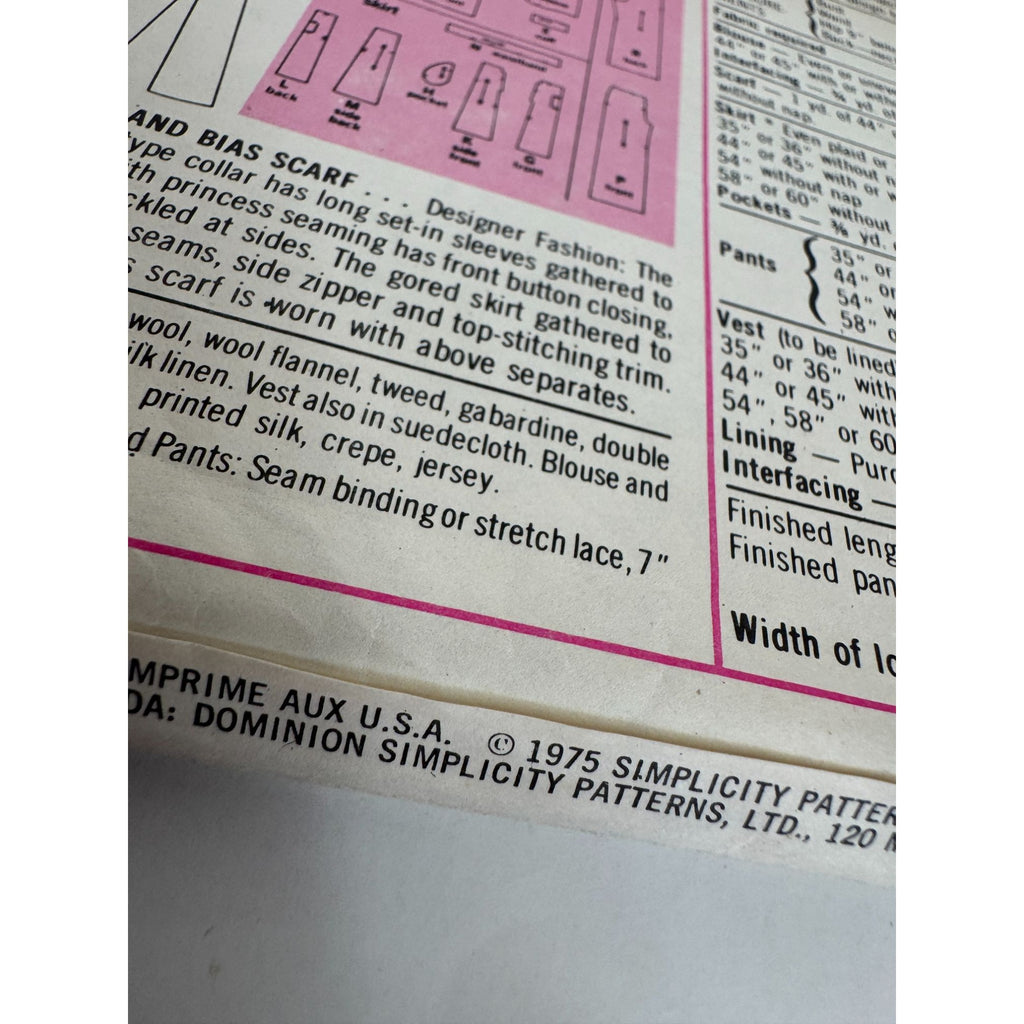Simplicity Sewing Pattern 7296 Blouse Vest Skirt Pants Bias Scarf 1970s UC 12