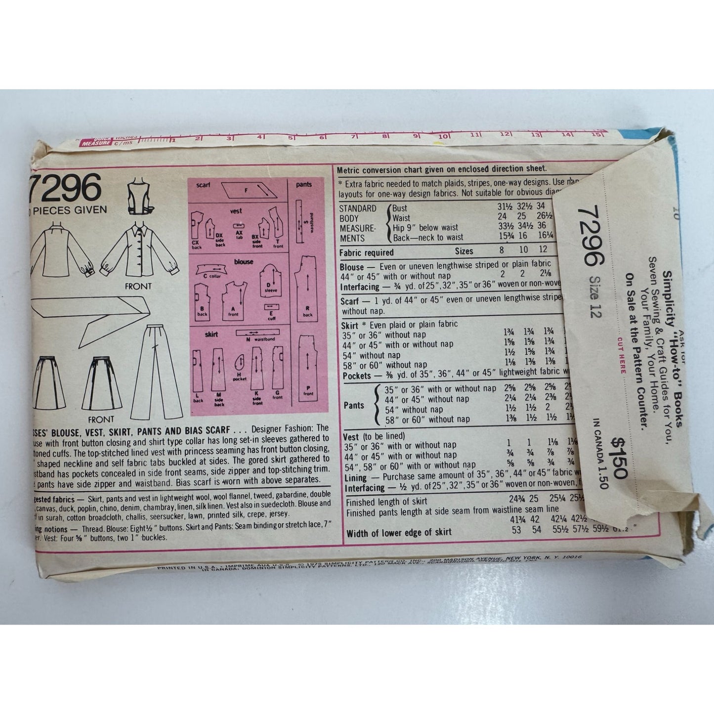Simplicity Sewing Pattern 7296 Blouse Vest Skirt Pants Bias Scarf 1970s UC 12