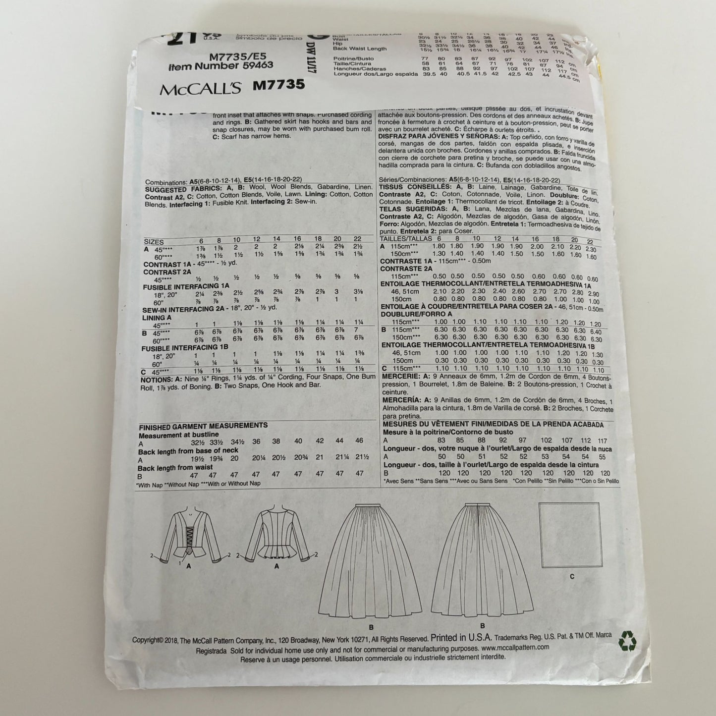 McCalls Sewing Pattern M7735 Outlander Costume Corset Historical Dress Cosplay 14-22 Uncut
