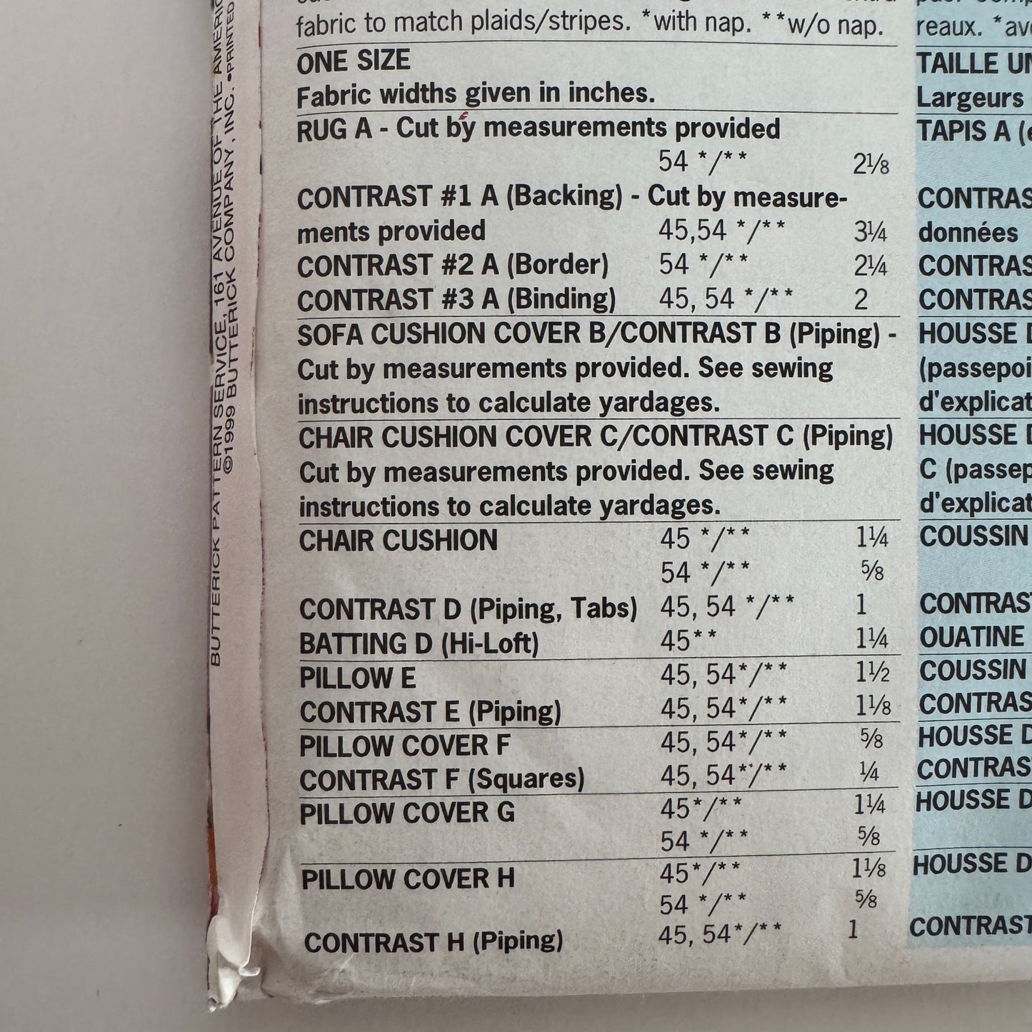 Butterick Sewing Pattern 6108 Waverly Sun Room Sofa Cushion Pillow Chair Cover