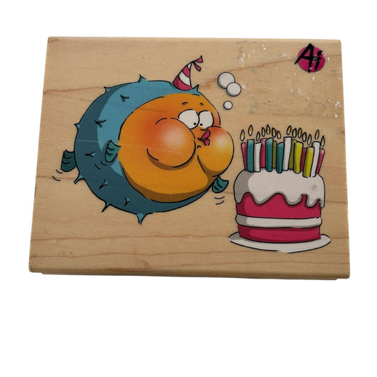 Art Impressions Rubber Stamp Deep Breath Birthday Fish Blowing Cake Candle 4595