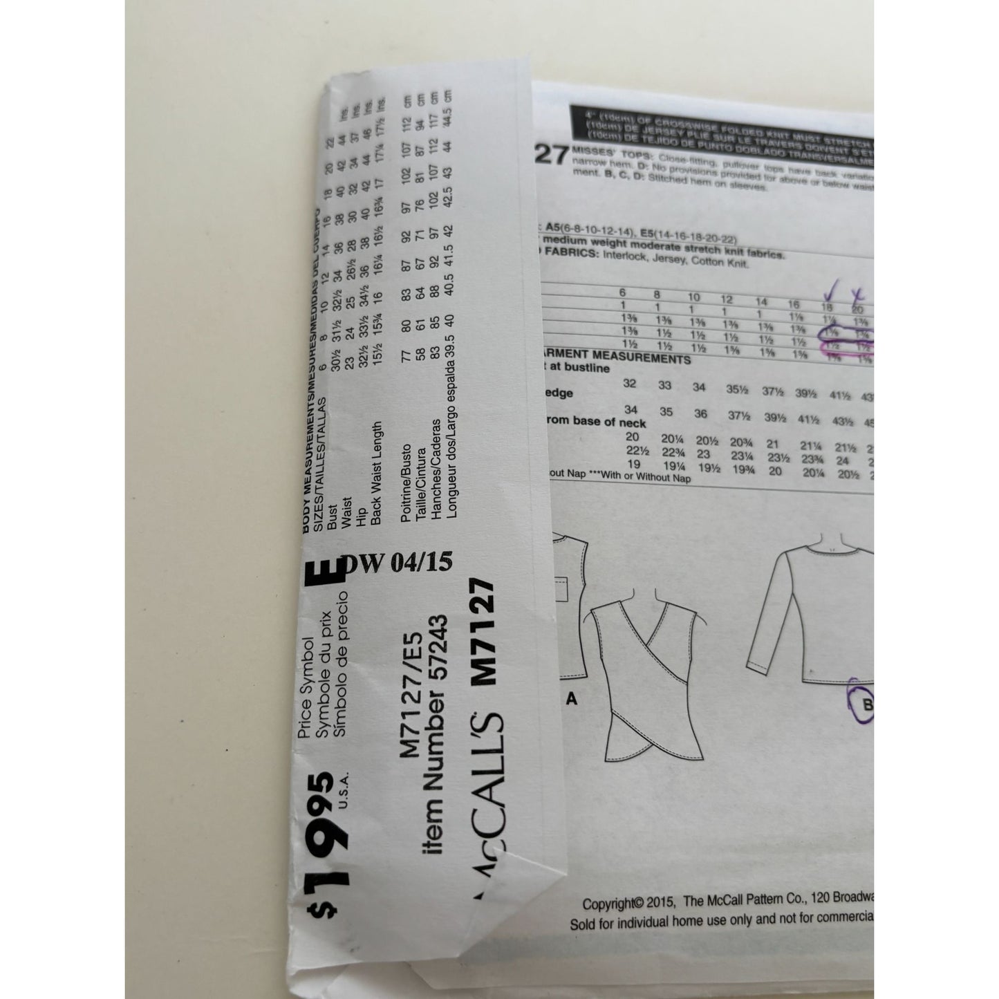 McCalls Sewing Pattern M7127 Tops Shirts Wrap Style 14-22 Uncut Easy Sleeveless