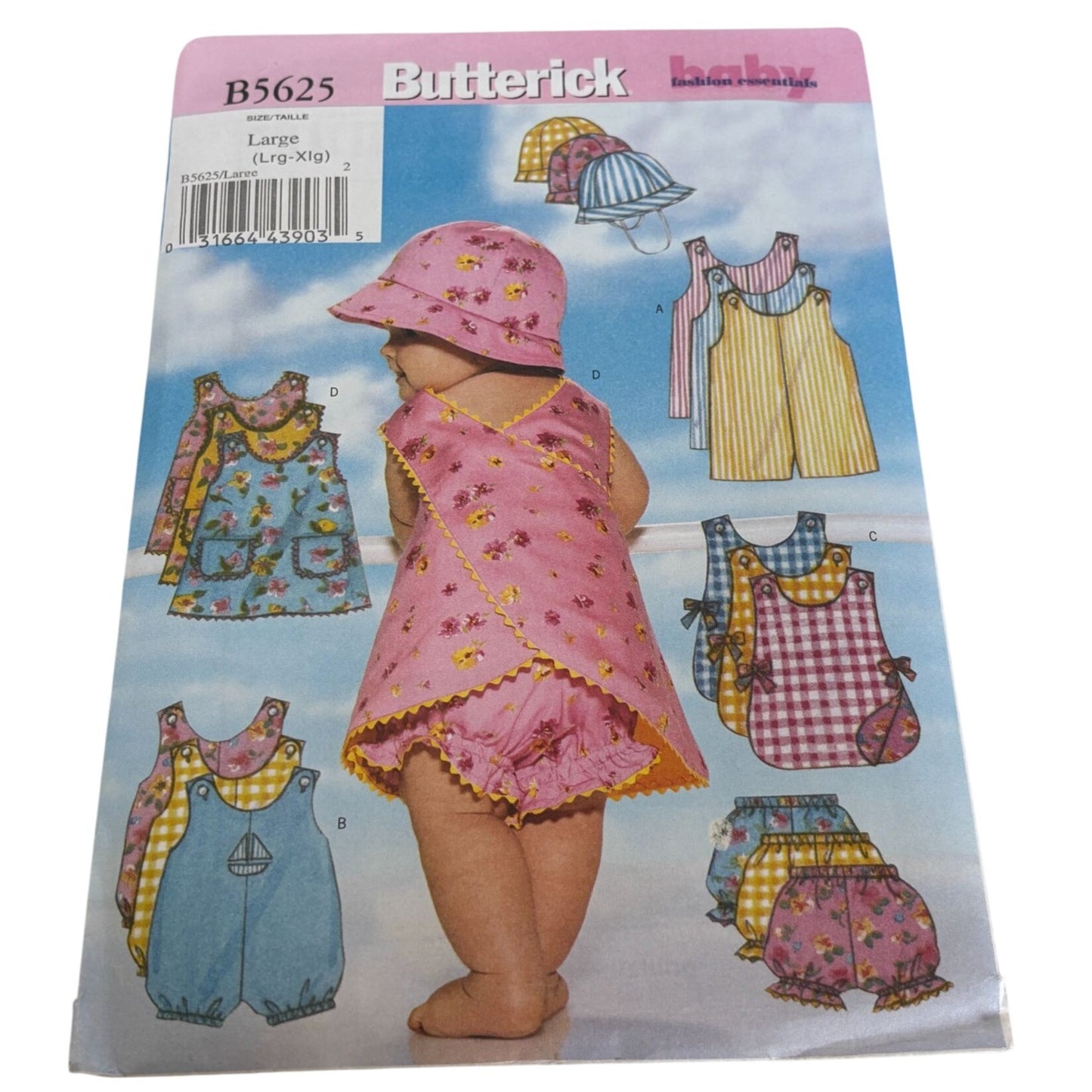 Butterick Sewing Pattern B5625 Infant Baby Romper Jumper Hat Set Summer Uncut