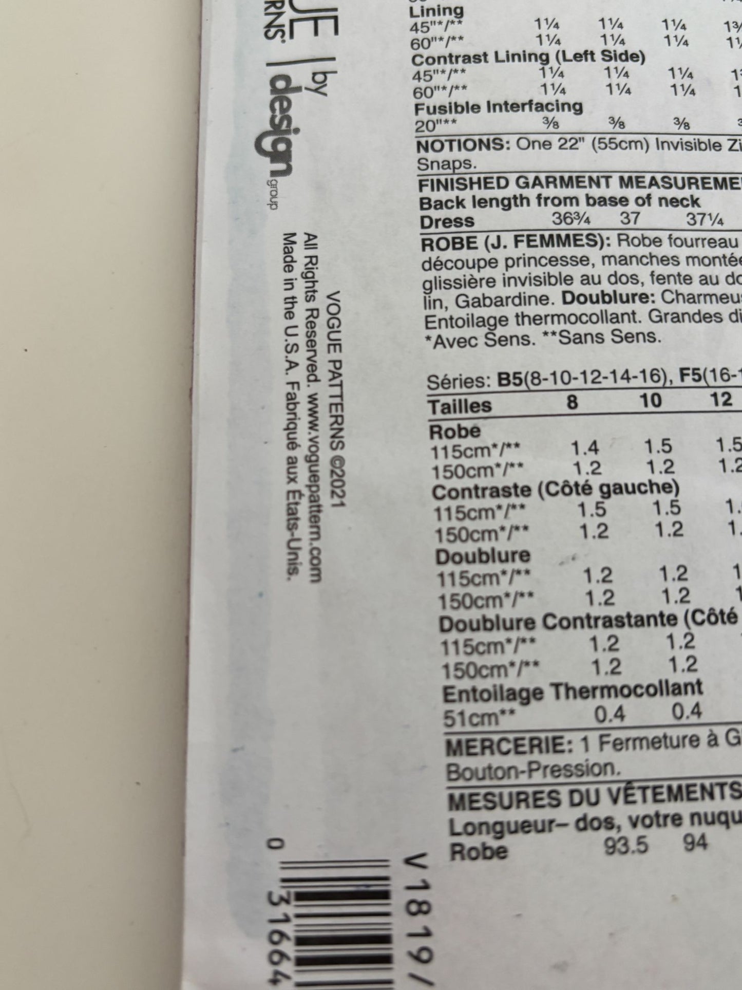 Vogue Sewing Pattern V1819 Sheath Dress Color Block Work Career Fall 8-16 Uncut