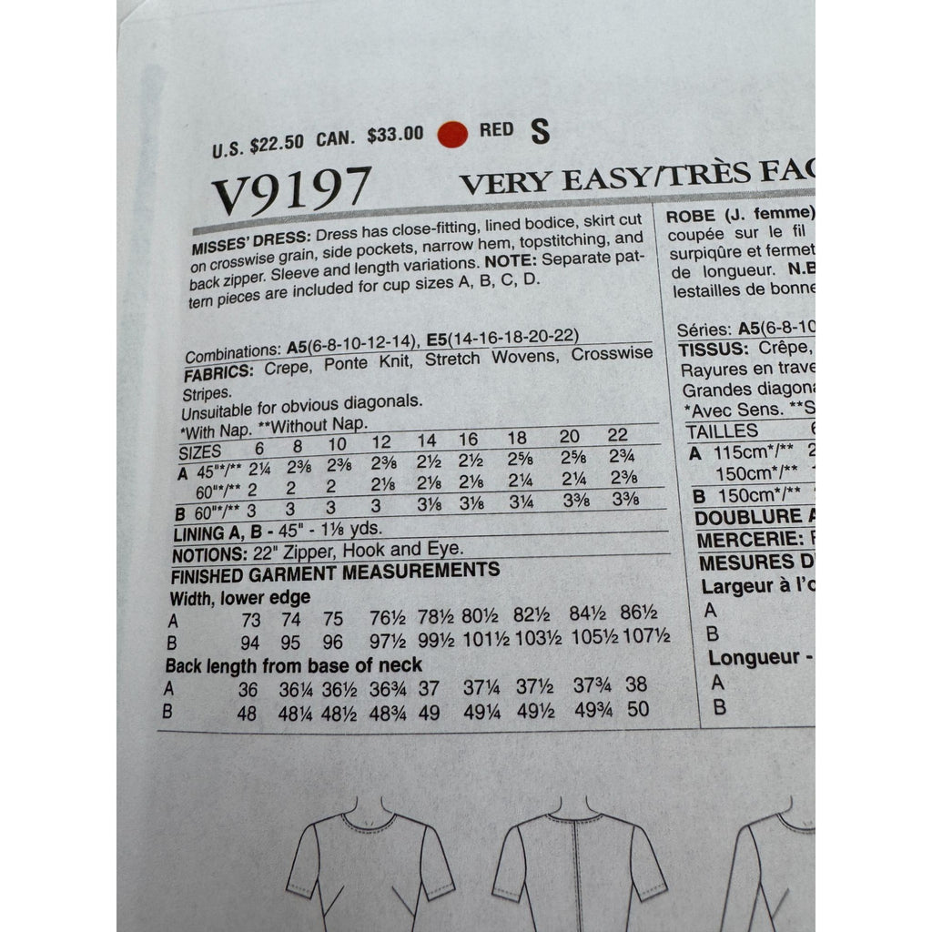 Vogue Sewing Pattern V9197 Misses Dress Pockets Easy Cup size A, B C D 6-14 UC