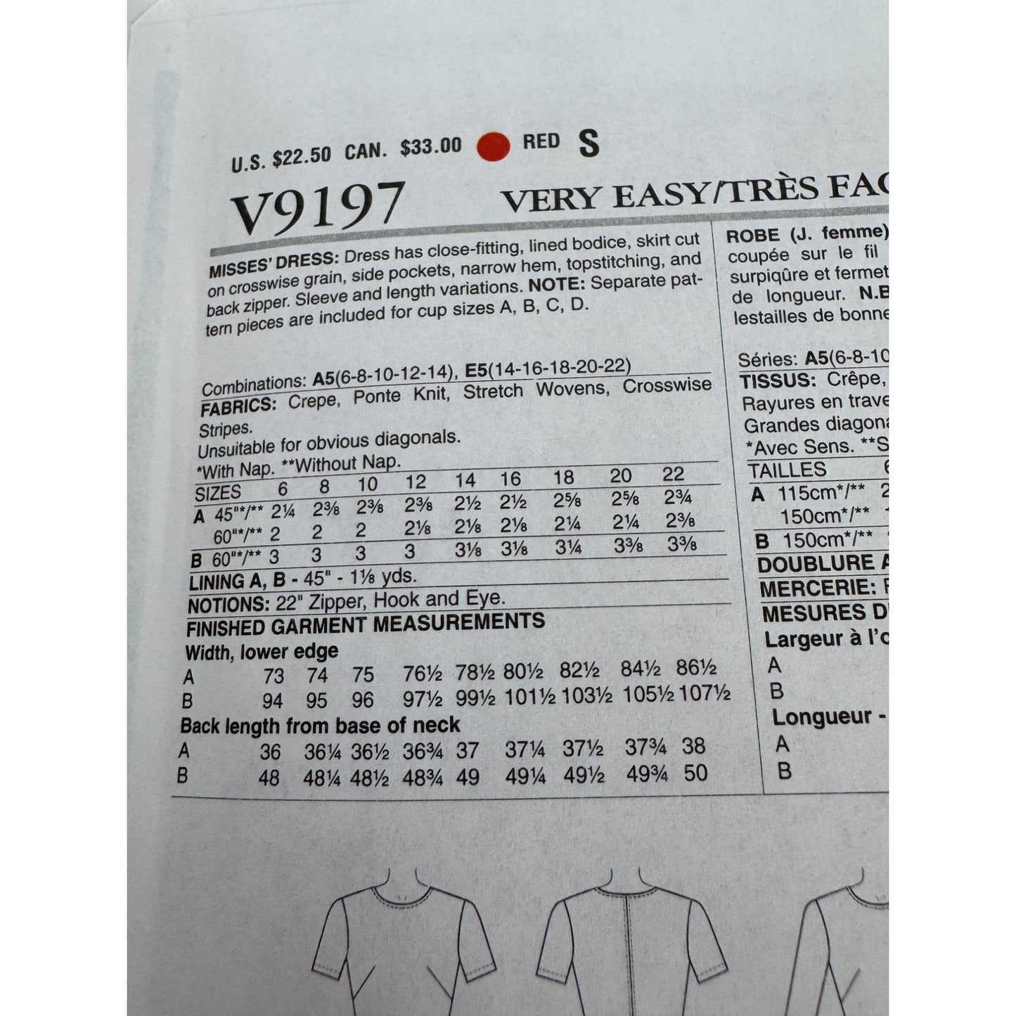 Vogue Sewing Pattern V9197 Misses Dress Pockets Easy Cup size A, B C D 6-14 UC