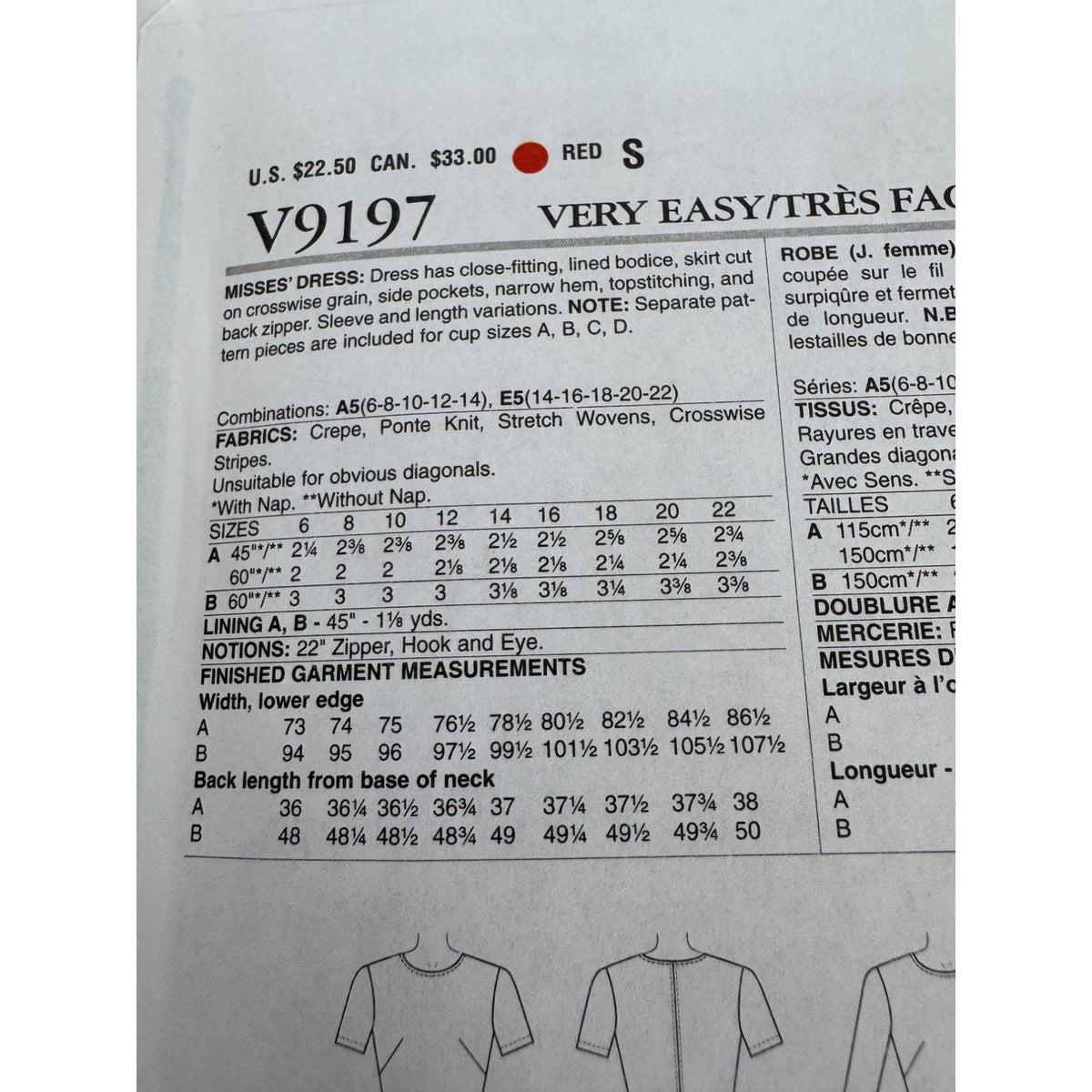 Vogue Sewing Pattern V9197 Misses Dress Pockets Easy Cup size A, B C D 6-14 UC