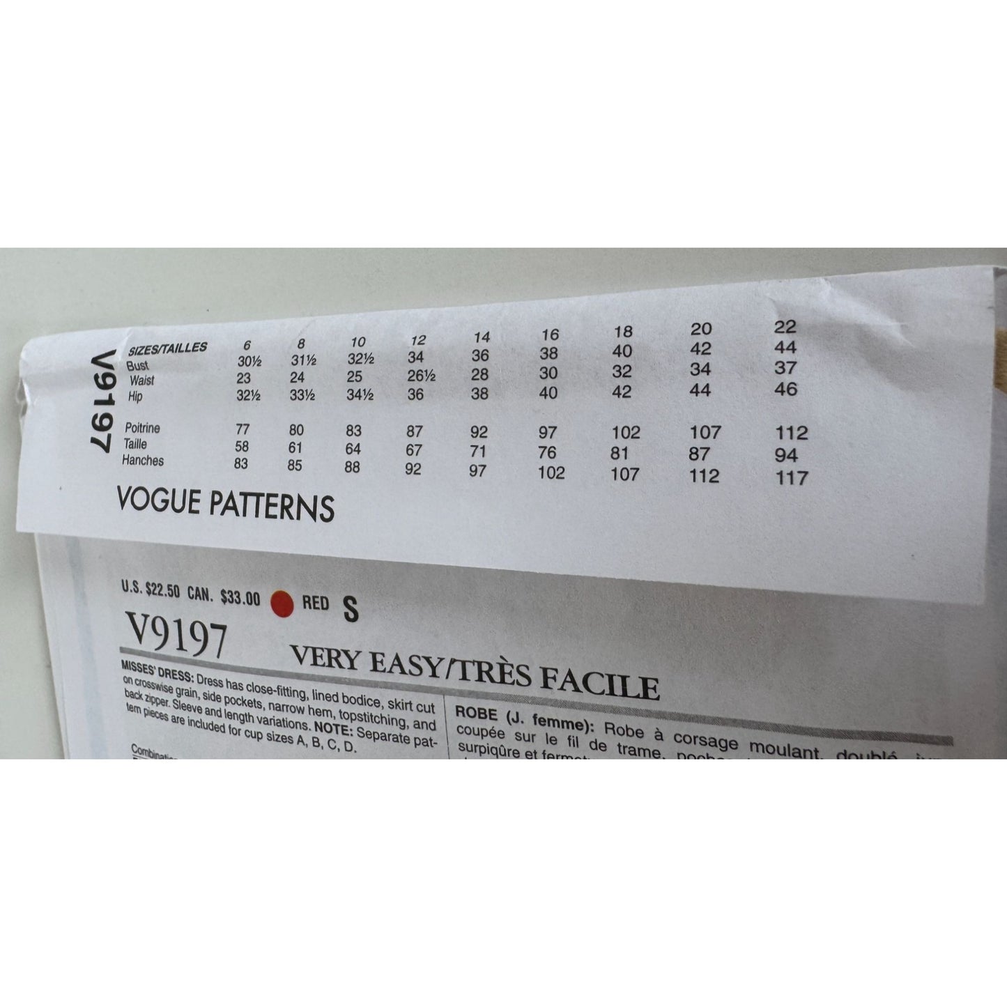 Vogue Sewing Pattern V9197 Misses Dress Pockets Easy Cup size A, B C D 6-14 UC