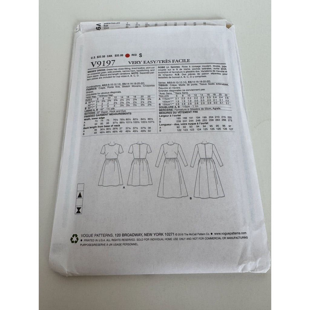 Vogue Sewing Pattern V9197 Misses Dress Pockets Easy Cup size A, B C D 6-14 UC