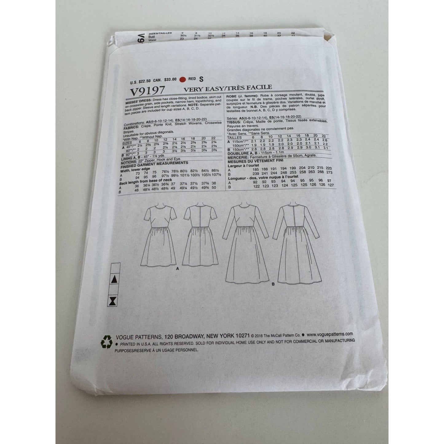 Vogue Sewing Pattern V9197 Misses Dress Pockets Easy Cup size A, B C D 6-14 UC