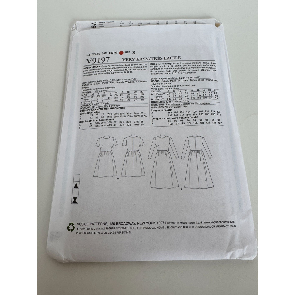 Vogue Sewing Pattern V9197 Misses Dress Pockets Easy Cup size A, B C D 6-14 UC