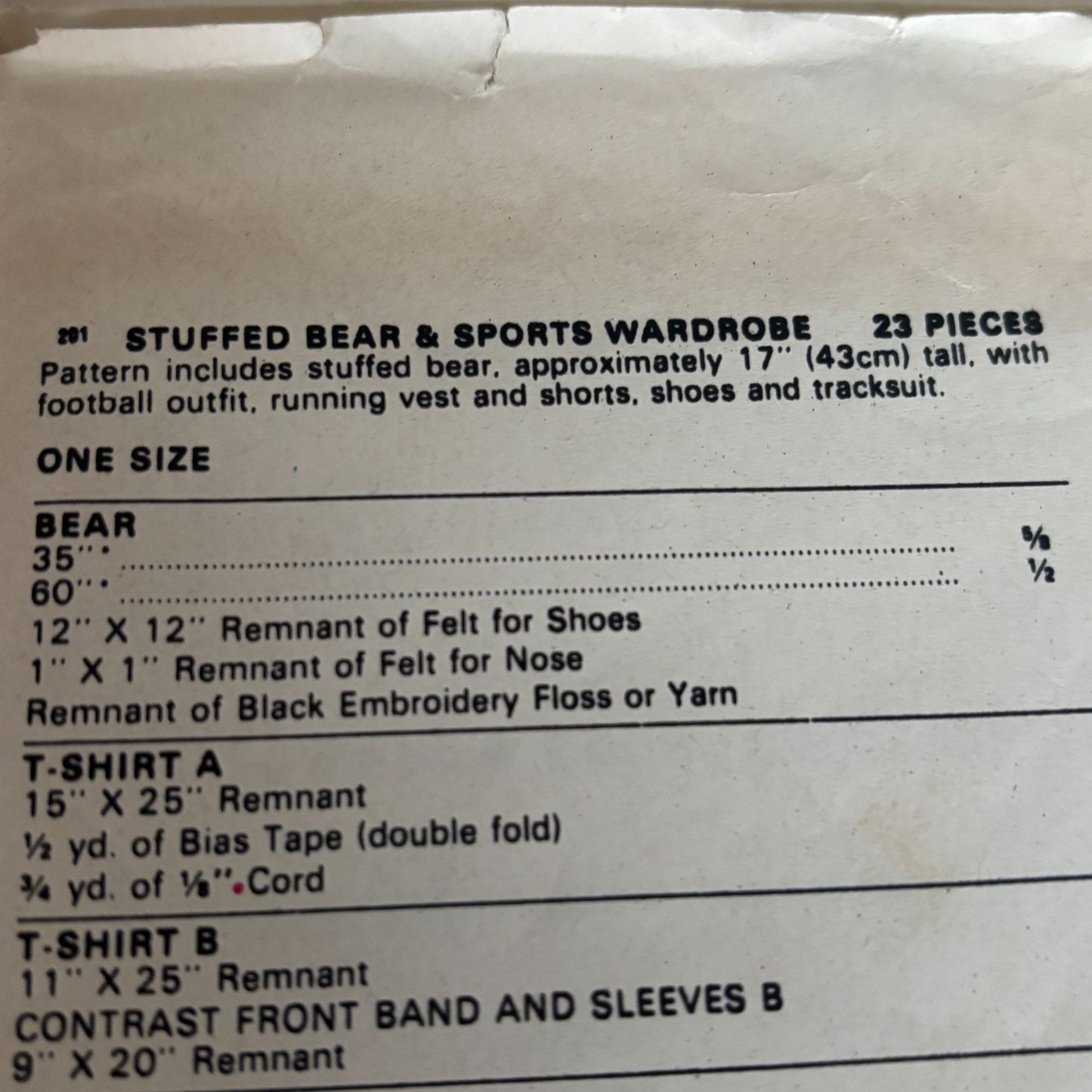 Butterick Sewing Pattern 201 Teddy Bear Stuffed Animal Plush Toy Vintage 1980s Uncut
