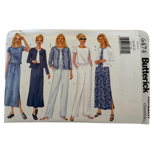Y2K Minimalist Sewing Pattern Butterick 6474 Capsule Wardrobe Jacket Dress Skirt Pants Size 18-22 Uncut