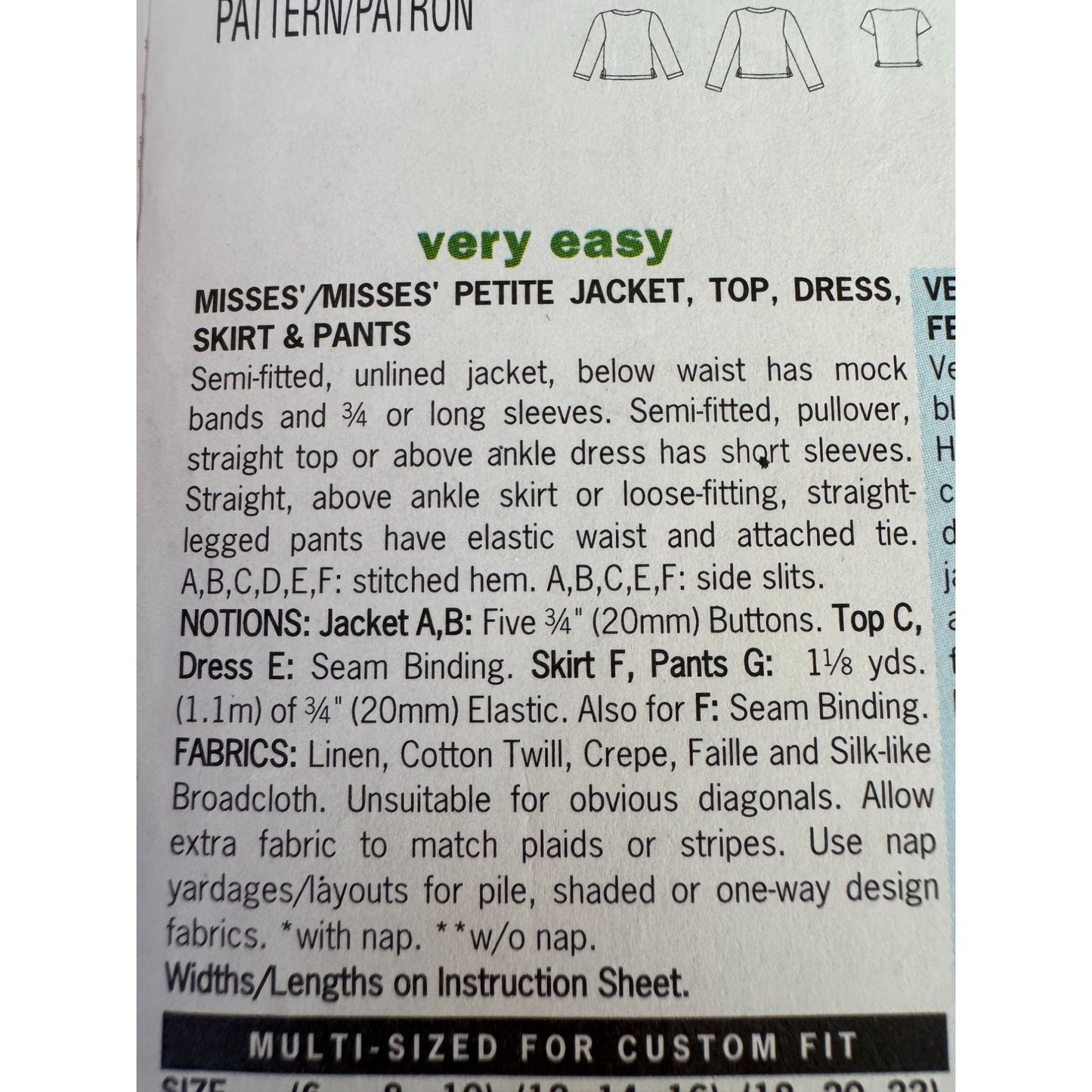 Y2K Minimalist Sewing Pattern Butterick 6474 Capsule Wardrobe Jacket Dress Skirt Pants Size 18-22 Uncut