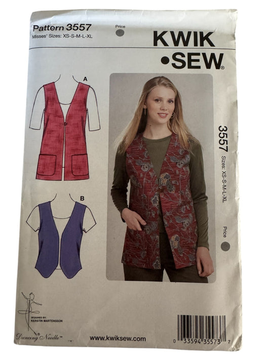 Kwik Sew Sewing Pattern 3557 Reversible Vests XS-XL V-Neck Patch Pockets Casual
