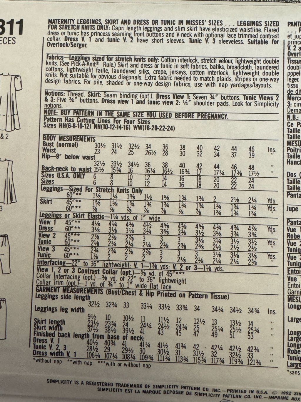 Simplicity Sewing Pattern 7811 Maternity Leggings Skirt Dress Tunic 6-12 UC Easy