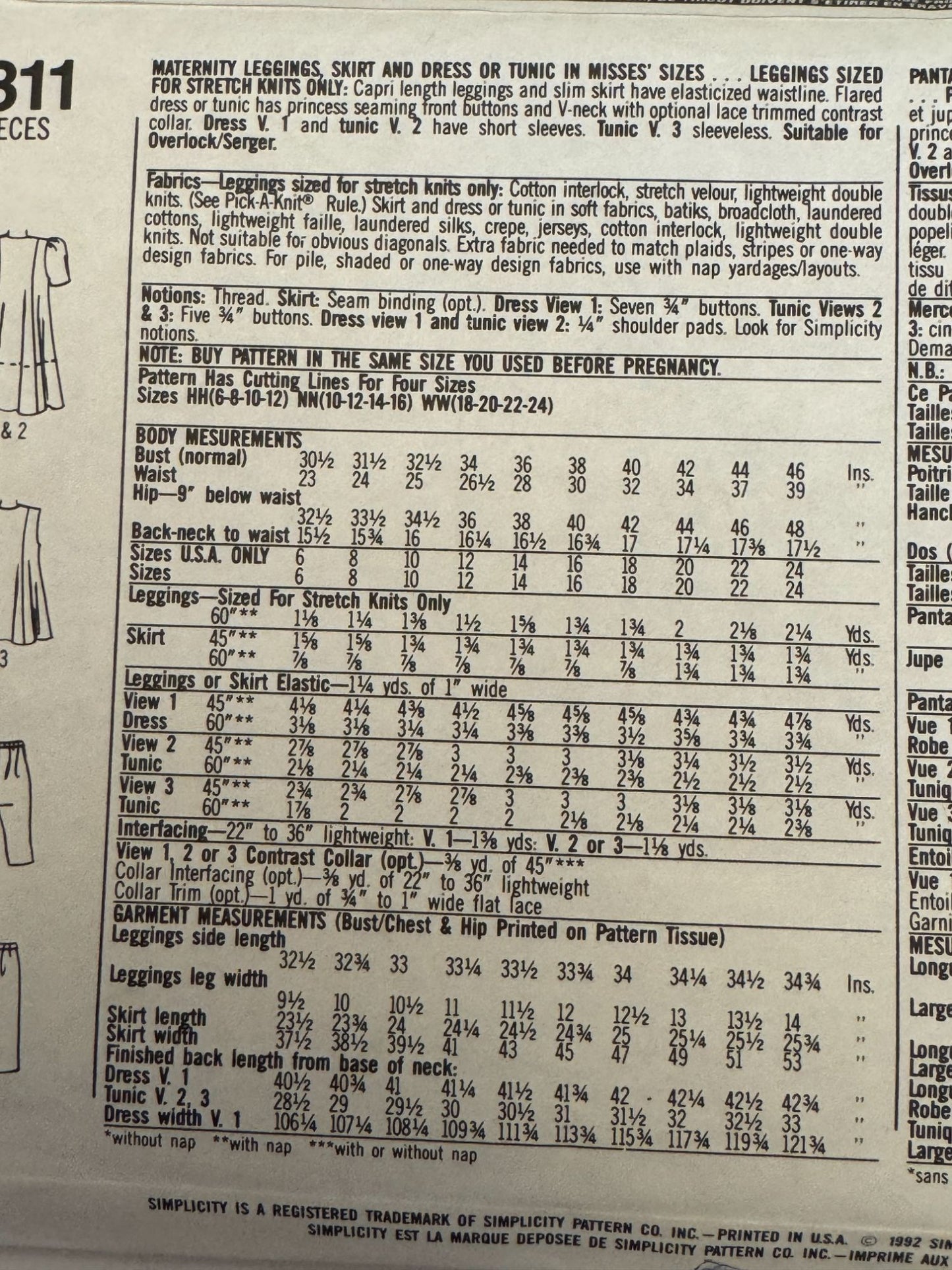 Simplicity Sewing Pattern 7811 Maternity Leggings Skirt Dress Tunic 6-12 UC Easy