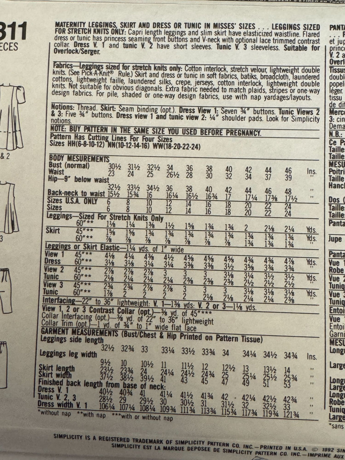 Simplicity Sewing Pattern 7811 Maternity Leggings Skirt Dress Tunic 6-12 UC Easy