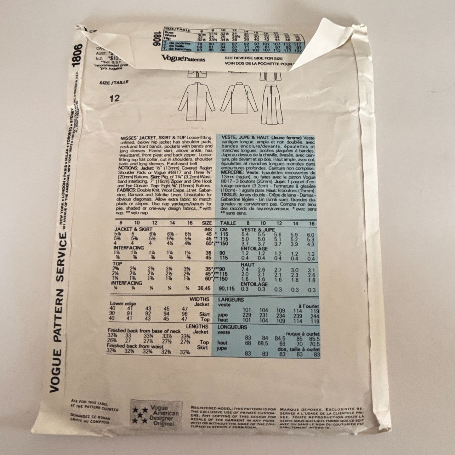 Vogue Sewing Pattern 1806 Individualist Jacket Skirt Top 80s Quiet Luxury 12 Uncut Minimalist