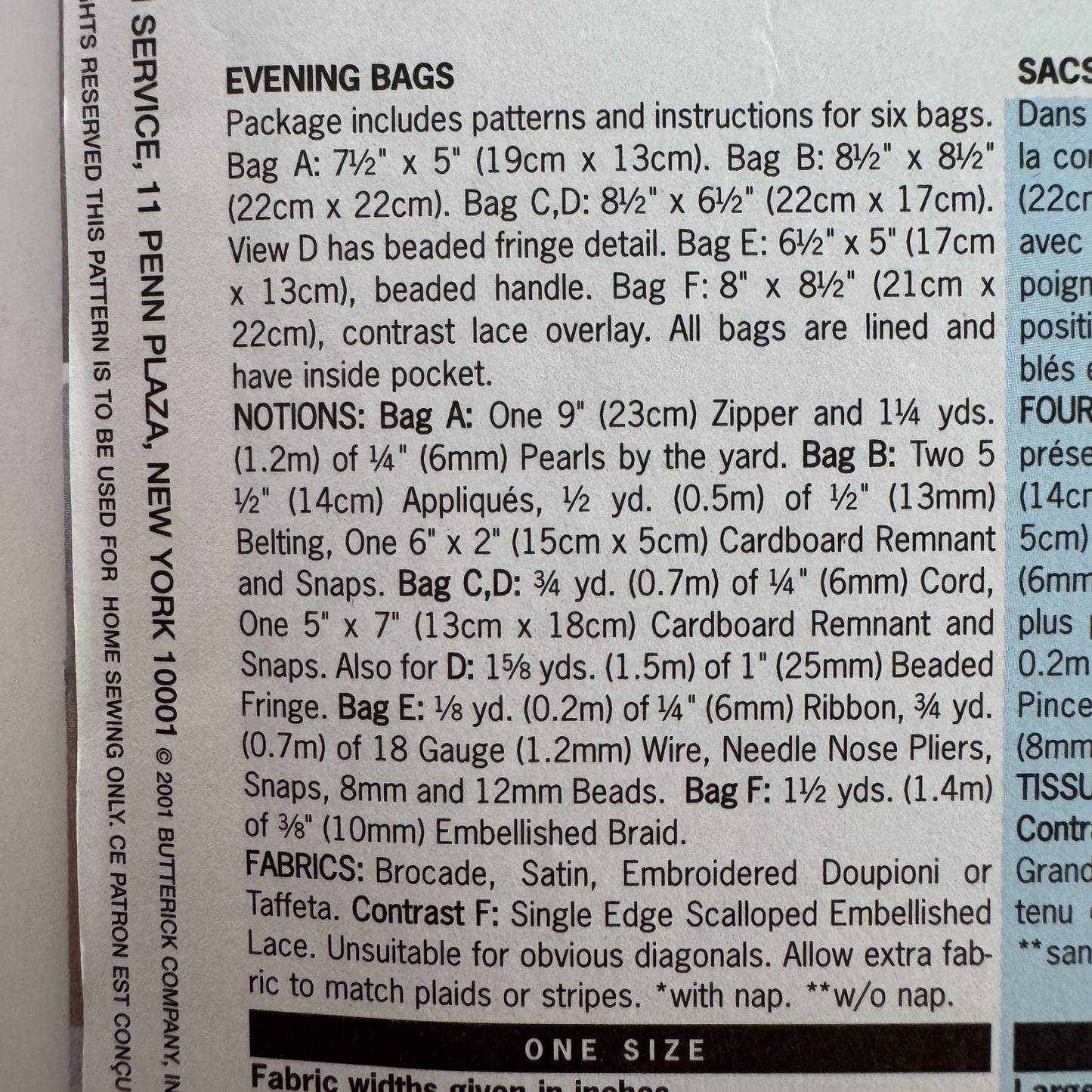 Butterick Sewing Pattern 6907 Evening Bag Purse Fashion Accessory Formal Handbag