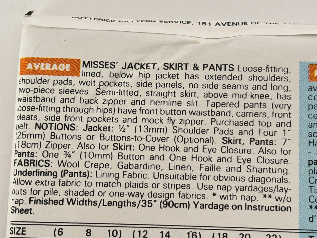Butterick Sewing Pattern 6588 Jacket Skirt Pants Career 1990s Vtg 12 14 16 UC