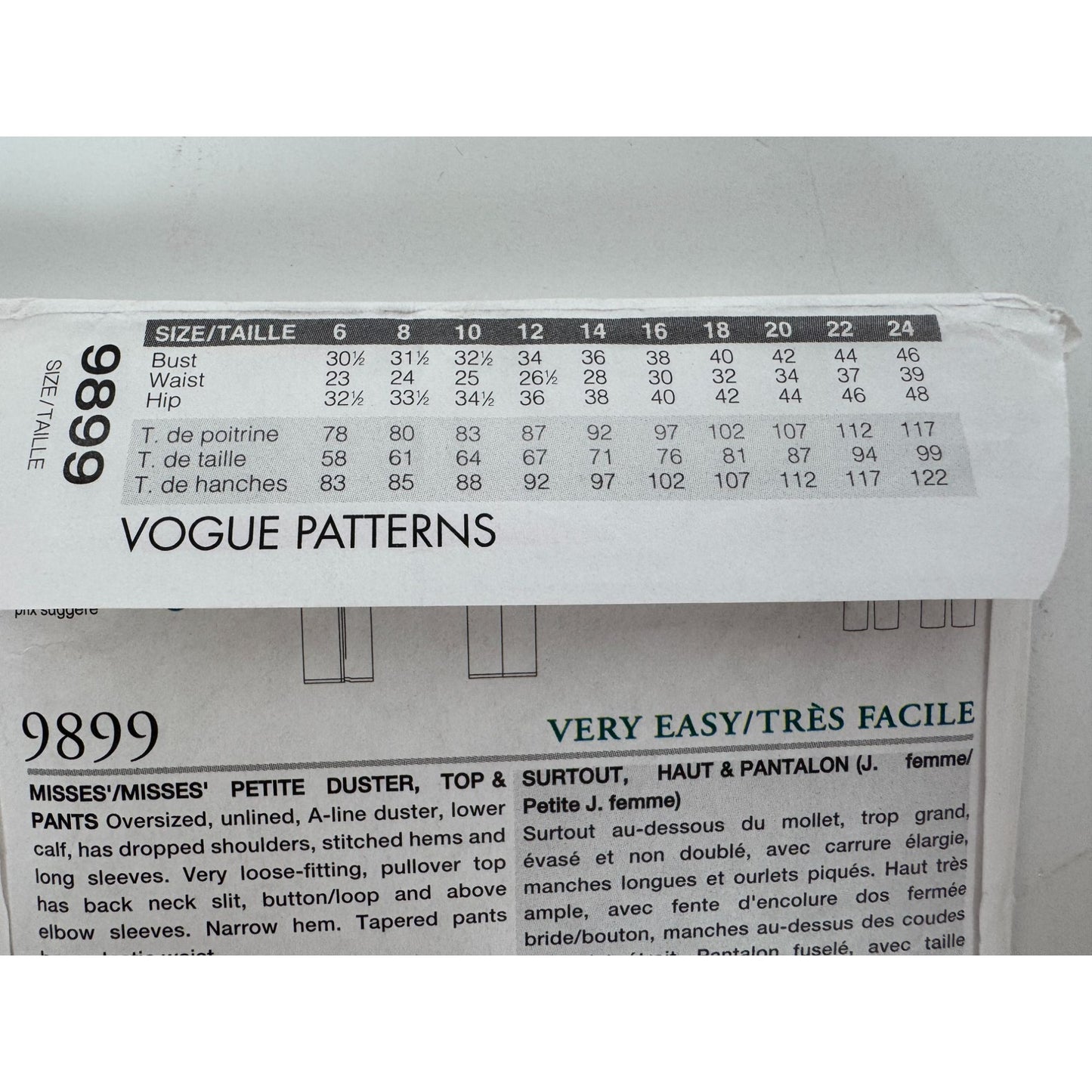 Vogue Sewing Pattern 9899 Oversized A-Line Duster Top Pants Easy Work 8 10 12 UC