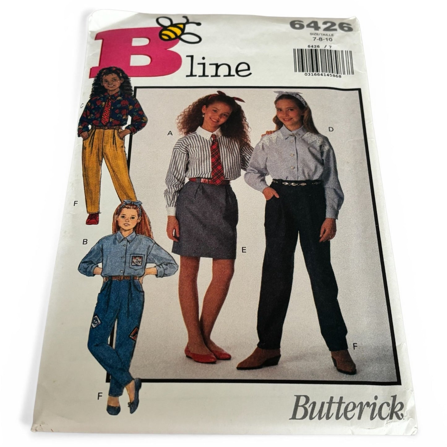 Butterick Sewing Pattern 6426 Girls Outfit 90s Shirt Skirt Pants Preppy School 7-10 Uncut