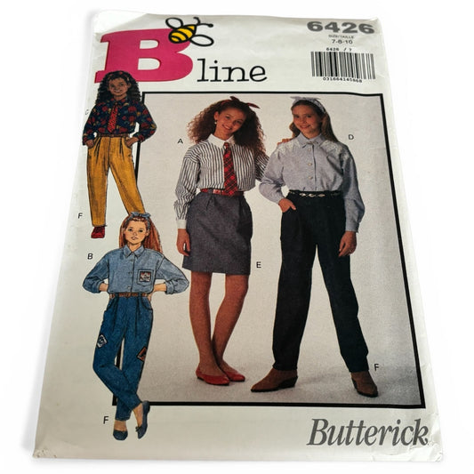 Butterick Sewing Pattern 6426 Girls Outfit 90s Shirt Skirt Pants Preppy School 7-10 Uncut