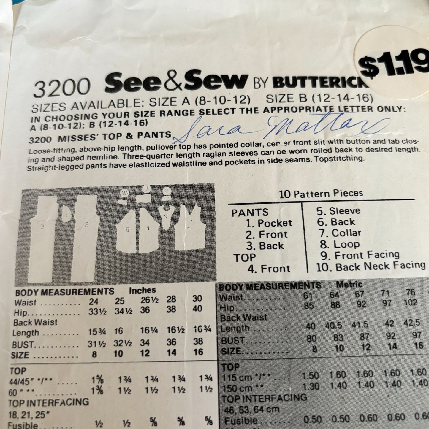 Butterick Sewing Pattern 3200 Wide Leg Pants Set Boho Top 8-12 Vintage 1970s Uncut