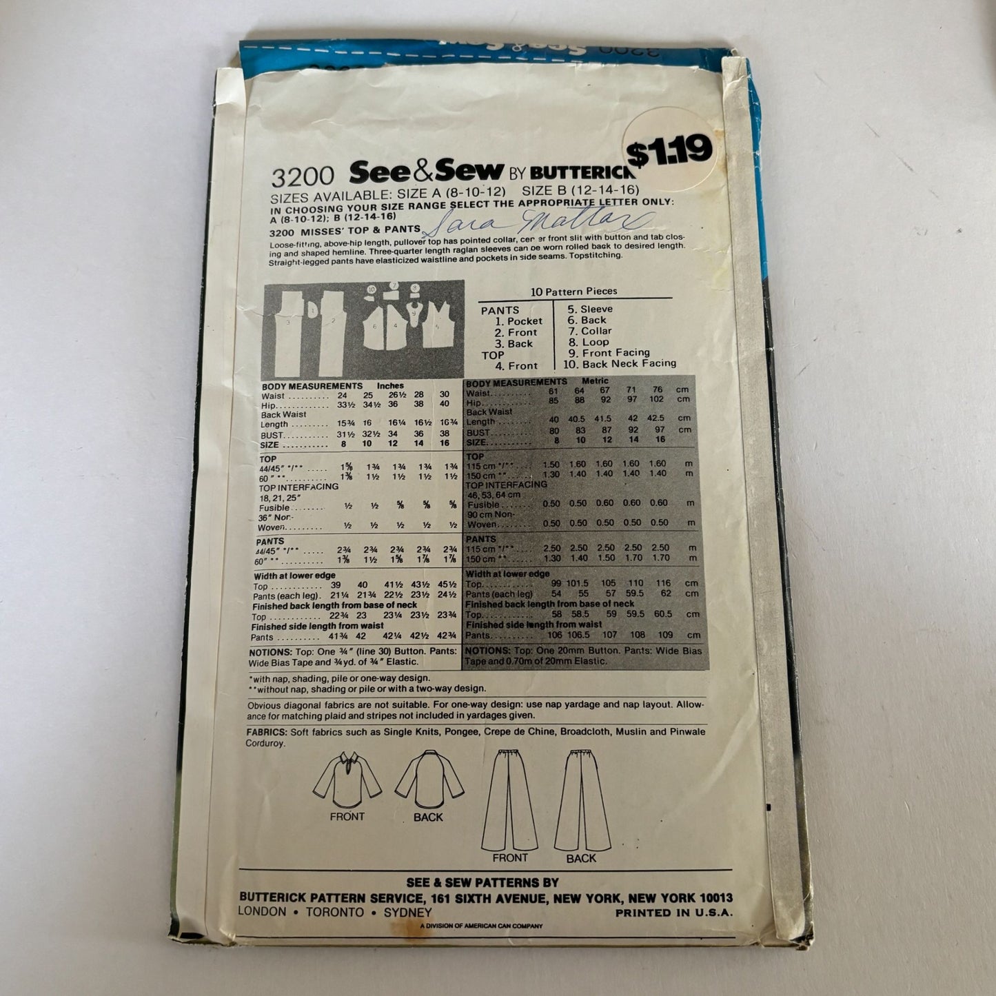 Butterick Sewing Pattern 3200 Wide Leg Pants Set Boho Top 8-12 Vintage 1970s Uncut