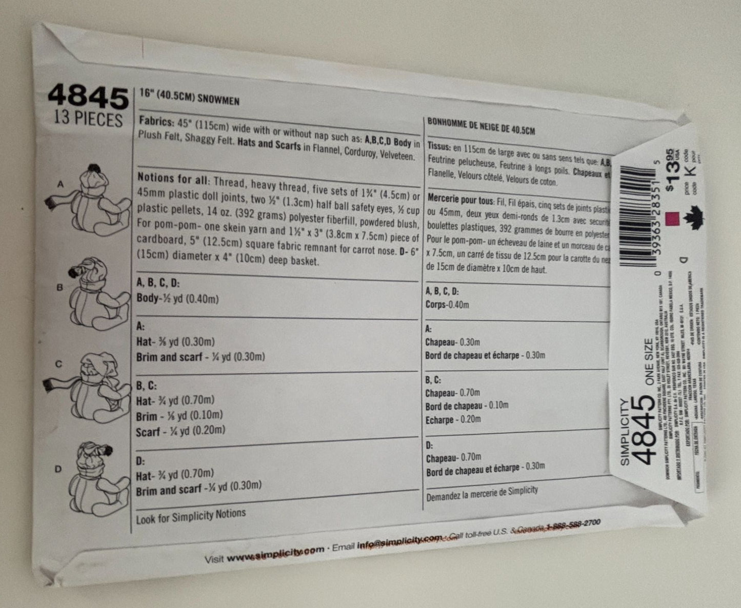 Simplicity Crafts Sewing Pattern 4845 Snowmen Christmas Home Decor Snowman Scarf