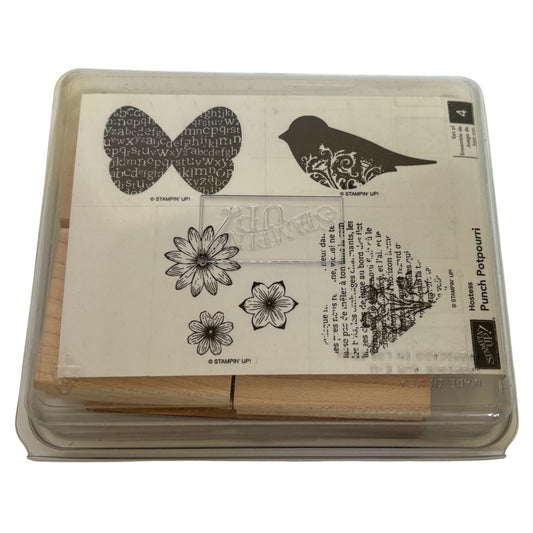Stampin Up Punch Potpourri Set Wooden Rubber Stamp Bird Butterfly Heart Elegant
