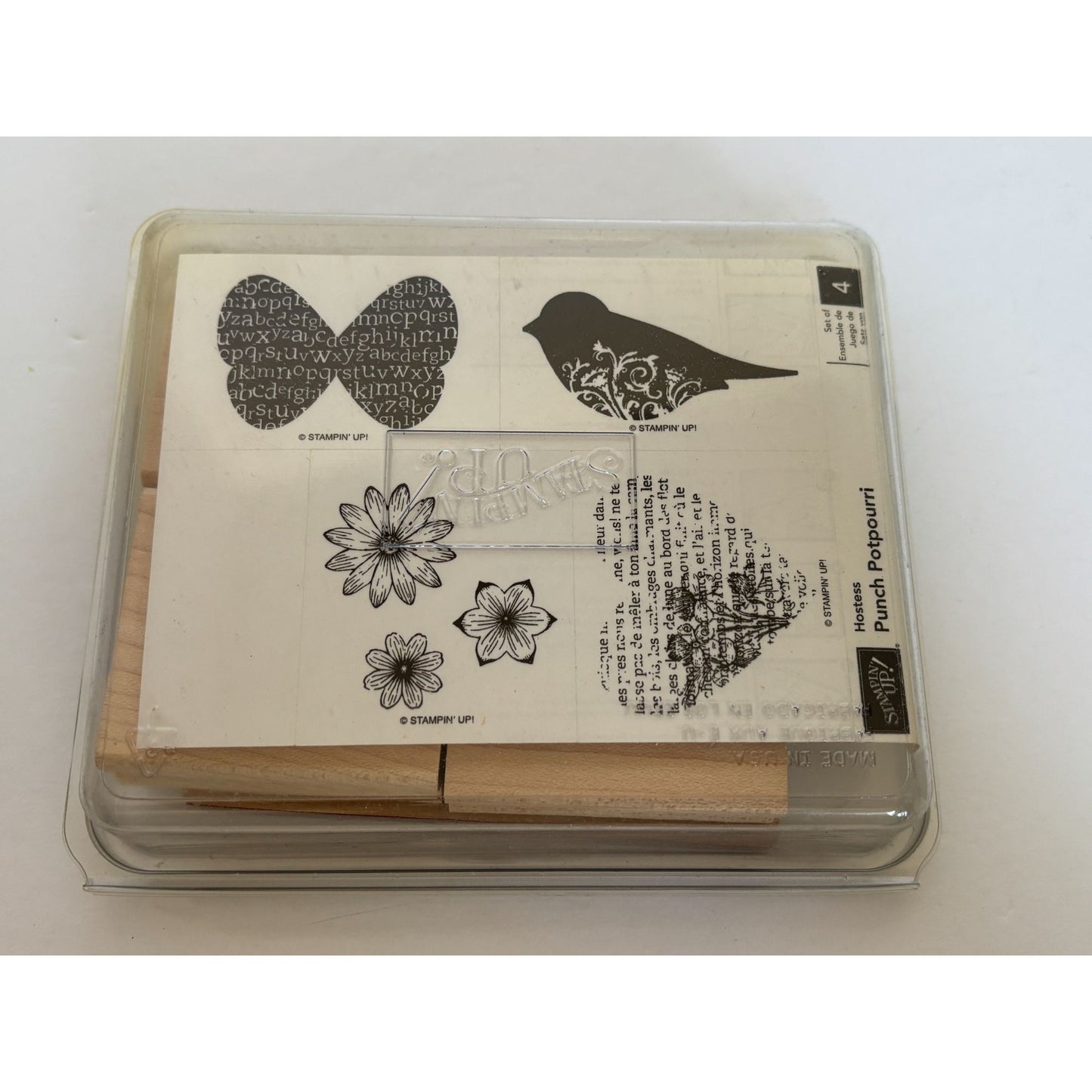 Stampin Up Punch Potpourri Set Wooden Rubber Stamp Bird Butterfly Heart Elegant