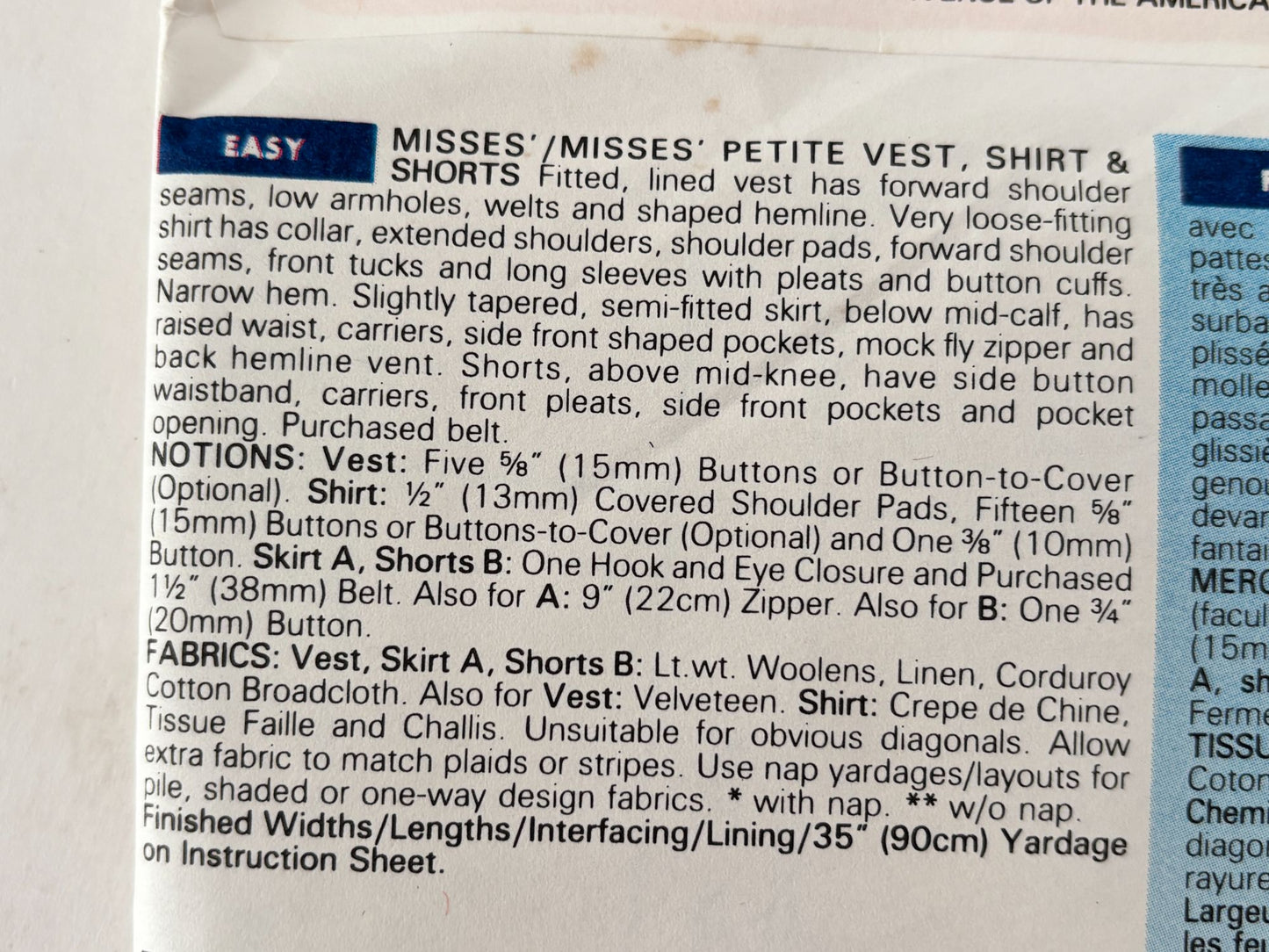 Butterick Sewing Pattern 6407 Vest Shirt Top Shorts Easy 90s Preppy 6 8 10 UC