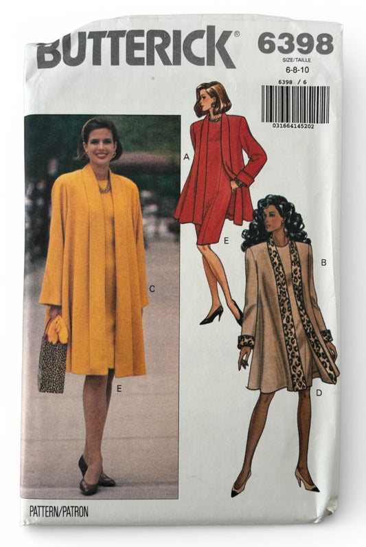 Butterick Sewing Pattern 6398 Coat and Dress 1990s Flare 90s Vintage 6 8 10 UC