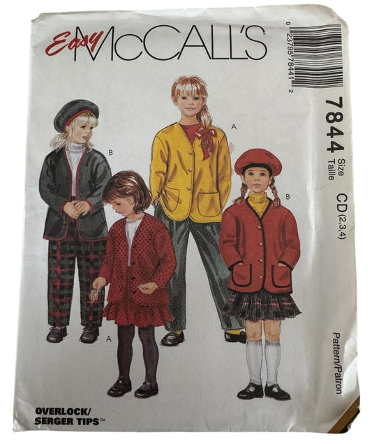McCalls Sewing Pattern 7844 Kids Cardigan Pants Skirt Beret Hat Easy Girls 2 3 4